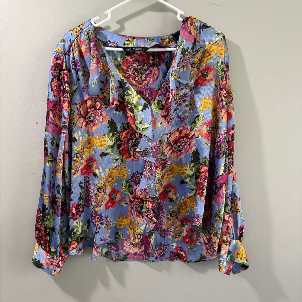 Zara Lavender Floral Ruffle V-Neck Blouse with Multicolor Print